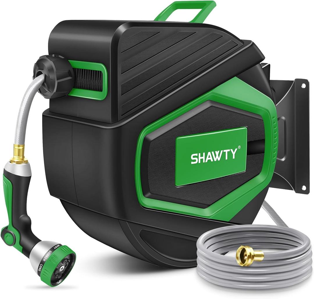 SHAWTY Retractable Garden Hose Reel 100FT 1/2" - 4-Layer Hose with Metal Bracket, Auto-Lock Slow Retraction, Outdoor Water Hose Reel for Yard & Garden - Nozzle Included (Green, 1/2" 100ft)