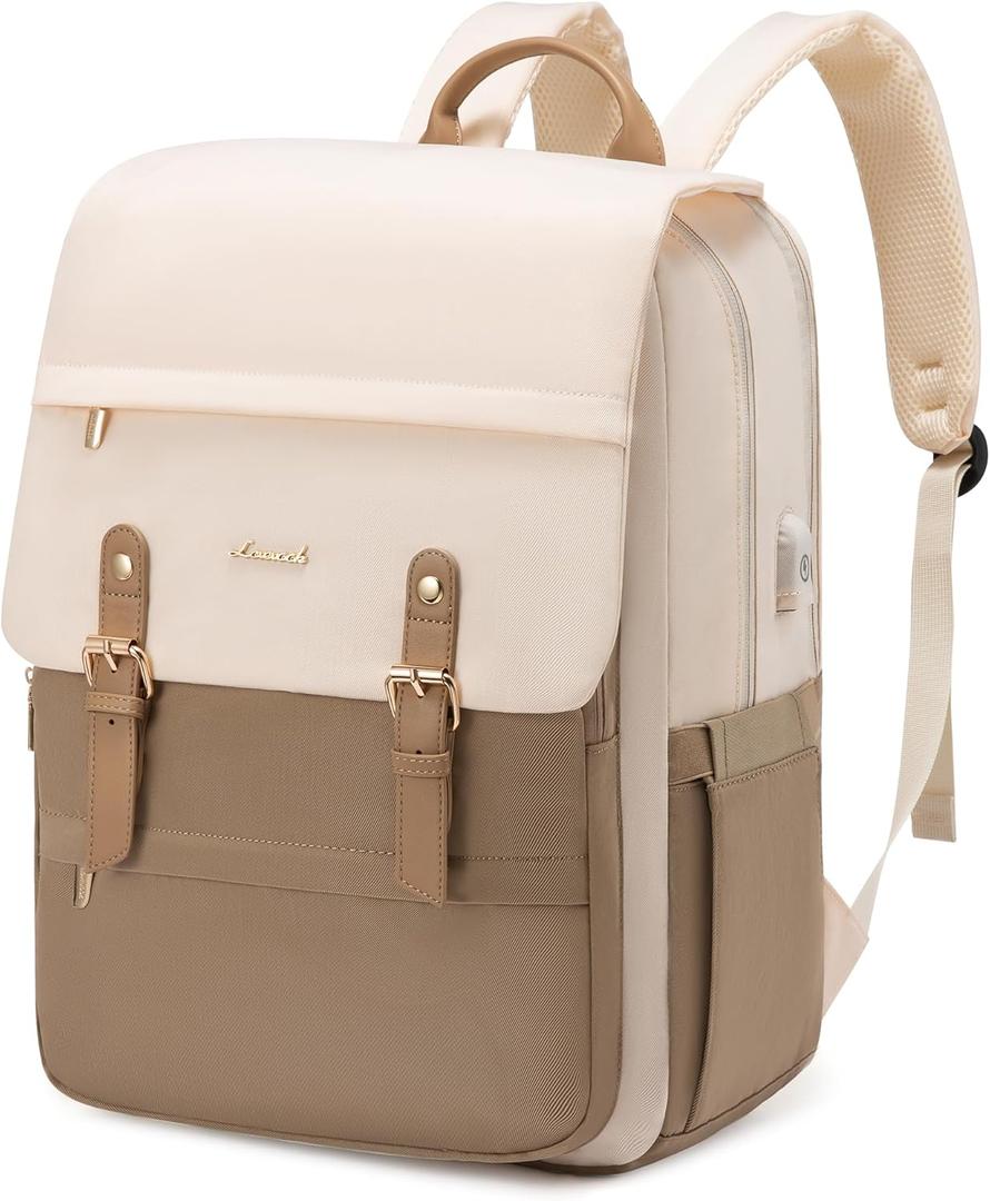 LOVEVOOK Laptop Backpack Purse for Women Fashion Vintage Computer Backpack 17 Inch Large Teacher Nurse Backpack Casual Daypack for Travel Business Work College (Beige & Coffee)