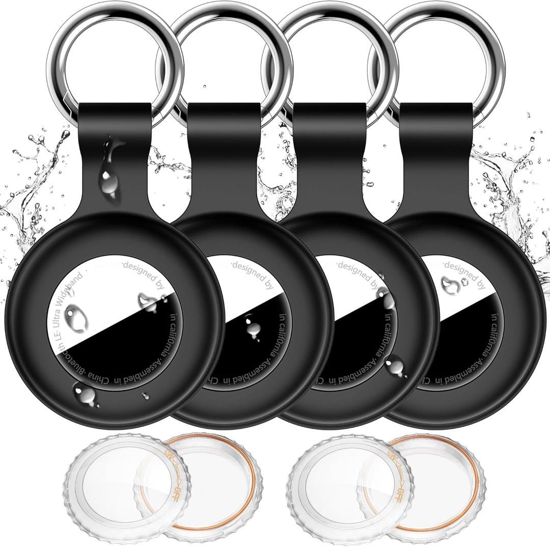 Compatible with Apple Airtag Holder with Keychain,IPX8 Waterproof GPS Cover for Air-Tags Shockproof [Anti-Scratch] Item Finders Case for Pets,Bags,Kids,Luggage,Keys-4*Black