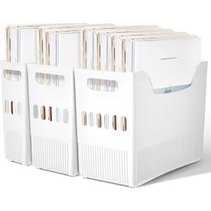 Juexica 3-Piece Paper Storage Organizer with Wheels - Plastic Storage Boxes, White Storage Bins for Scrapbook Papers, Vinyl Sheets, Cardstock Organization