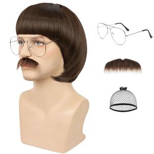 Dark Brown Bowl Cut Wig + Glasses + Mustache + Wig Cap for Men 60s 70s Retro Mushroom Wig With Bangs Unisex Funny Crazy Wigs for Daily Halloween Costume Cosplay Party