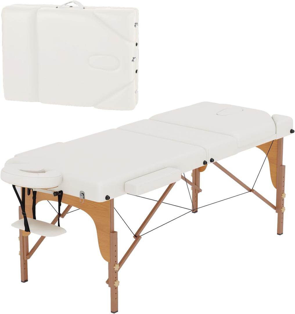 BestMassage Massage Bed Portable Massage Table 77" L 28" W Lash Bed Height Adjustable 3 Folding PU Leather with Oxford Bag for Spa Footmassage Facial CareSpa Tattoo (Cream)