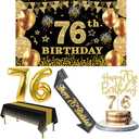 76th Birthday Decorations Men Women with 76th Birthday Banner, Black and Gold Table Cloth, Number Balloons, Sash, Cake Topper and Candles