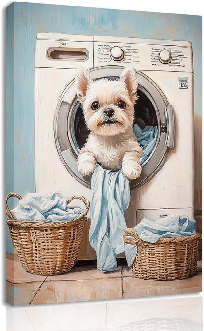 AI Laundry Room Canvas Frame Wall Art Laundry Sign Painting Vintage Funny Dog Artwork Decor for Wash Room Bathroom Laundromat Dry Cleaning Store (WE000052-4, 16.00L x 24.00W, Framed)