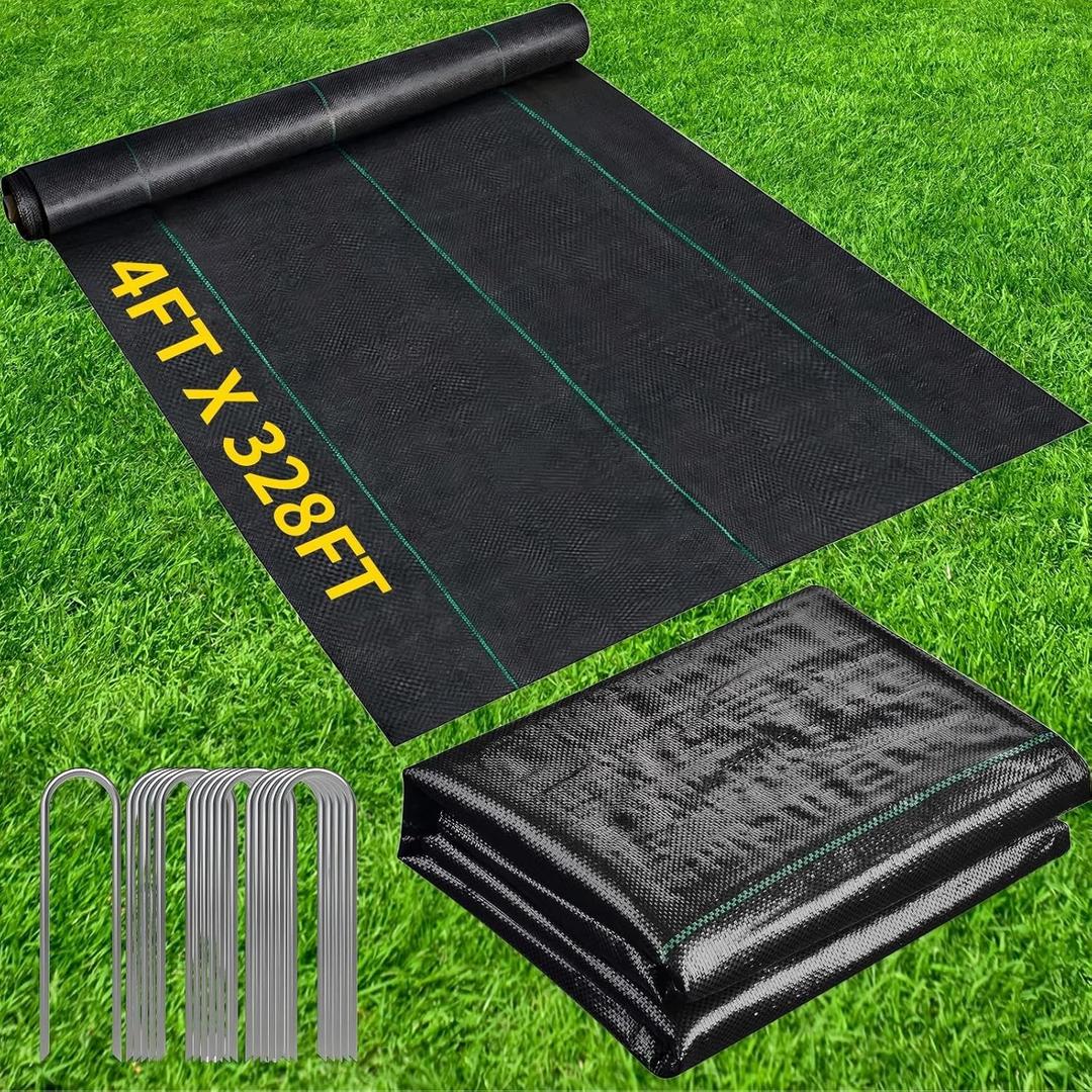 4FT X 328FT Garden Weed Barrier Landscape Fabric Heavy Duty Ultra Thick Premium Weeds Control Mat Ground Cover Weed Block Gardening Mat, 20 Ground Stakes Included