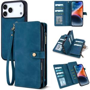 TwoHead Wallet Case Compatible with iPhone 17 Pro Max,Detachable,Magnetic,11 Cards Holder,PU Leather All-Round Protective Phone Case with Change Pocket(6.9 in,Navy Blue)