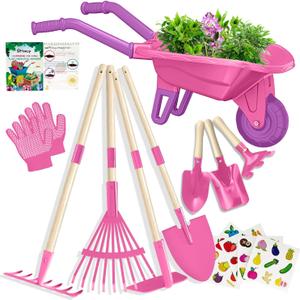Qtioucp Kids Gardening Tools Outdoor Toys Set Backyard Play with Wheelbarrow Educational STEM Learning Pretend Toys Outdoor Indoor for Toddlers Kids Boys Girls (Rose Red)