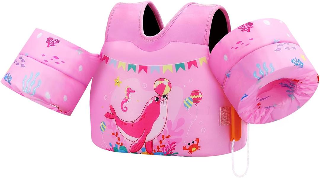 MoKo Toddler Swim Vest for Kids 13-30/20-50/22-66lbs, Swim Arm Floaties Cartoon Swimming Water Wings Pool Float Vests Sleeves Shoulder Straps Arm Band for Children Learn to Swim (Pink Seal)