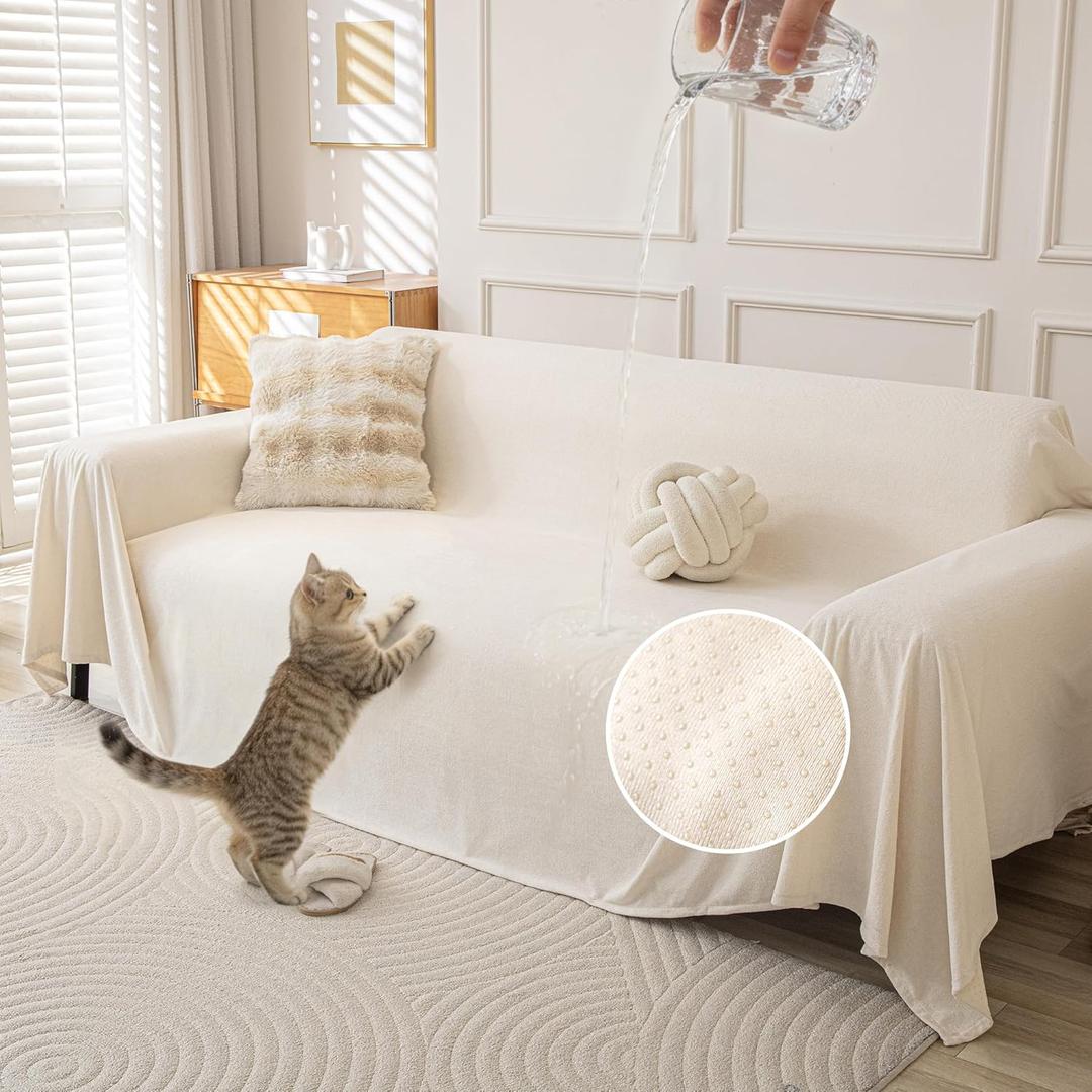 Waterproof Couch Covers for 3 Cushion Couch, Non Slip Cat-Scratch Resistant Sofa Couch Covers for Dogs, L Shape Sectional Protectors Slipcovers, Furniture Covers for Pets, 91" x 118", Ivory