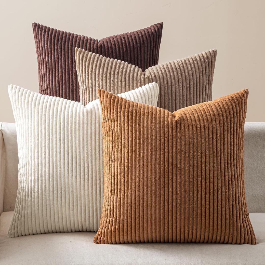 EMEMA Brown Decorative Throw Pillow Covers for Couch Bed Livingroom 18x18 Inch Set of 4 Boho Farmhouse Corduroy Striped Square Pillow Case,Western Modern Cushion Covers Home Decor