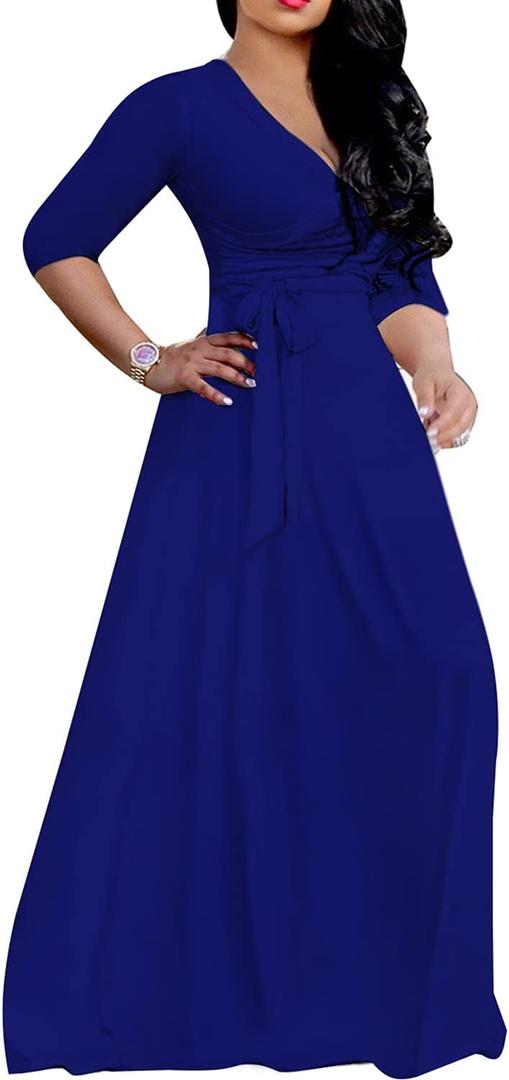 LightlyKiss Plus-Size Maxi Dresses for Women African Summer 3/4 Sleeves Beach Sundress with Pockets (Blue, XL)