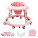 Baby Walker with Wheels, One-Touch Folding Baby Walkers, 7-Speed Height Adjustment with Large Dinner Plate, Anti-Roll 8-Wheel with Brake for 6-18 Months Baby, Full Pink