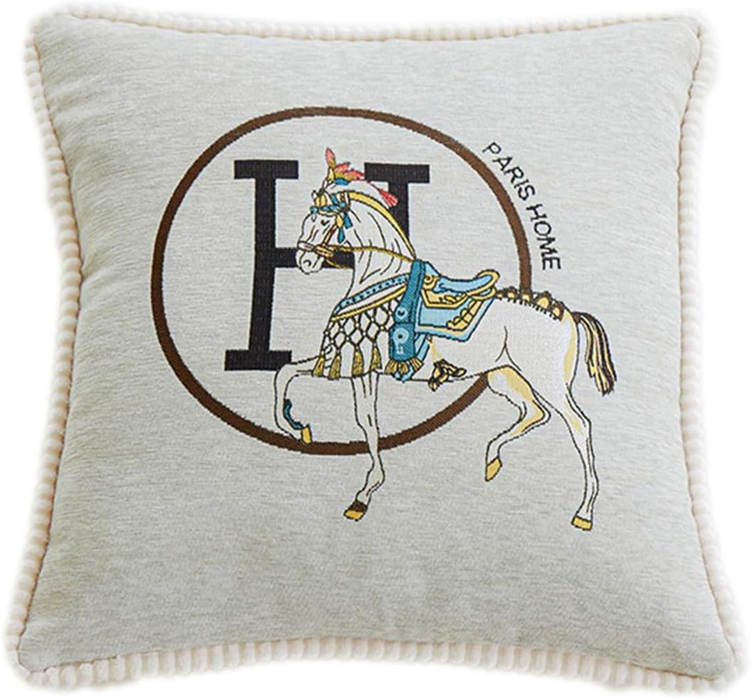 New Version 18x18 inches Throw Pillow Cushion Covers Set 2 Pack - Luxury Horse Jacquard Embroidery with Lace Trim Decorative Pillow Cover for Couch, Sofa, Living Room Bedroom (White)