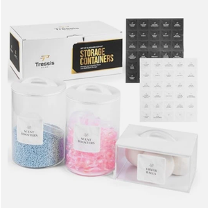 Laundry Pod Storage Container Set | Two 3L Glass Jars & One Acrylic Dryer Sheet Container with Bamboo Lids – Includes 2 Scoops, 60 Waterproof Laundry Labels – Dishwasher Safe