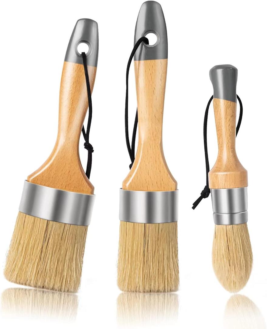 Mister Rui Chalk Wax Paint Brush 3 pcs, Large Wax Brush, Brushes for Furniture, Acrylic Paint, Milk Paint, Natural Bristles, 1 Small Round Brush and 2 Large Oval Brushes