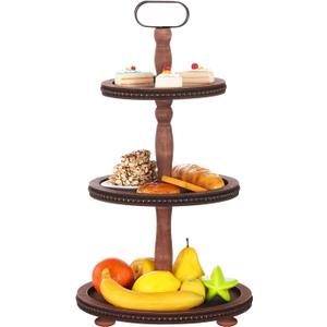 Urban Deco Wooden Tiered Tray 3-Tier Decorative Tray Stand Farmhouse Serving Tray, Round Wooden Cupcake Display Stand with Metal Handle, Brown Tiered Fruits Tray for Home Party Decorations