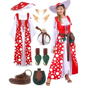 10 Pcs Halloween Mushroom Costume Women Renaissance Medieval Cosplay Accessory Dress Hat Fairy Elf Ears Belt Bag (Small/ Medium)