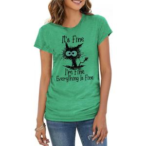 Women's I'm Fine Everything is Fine T-Shirts Short Sleeve Oversized Casual Cute Cat Graphic Tees for Women Blouse Tops (X-Large, Green)