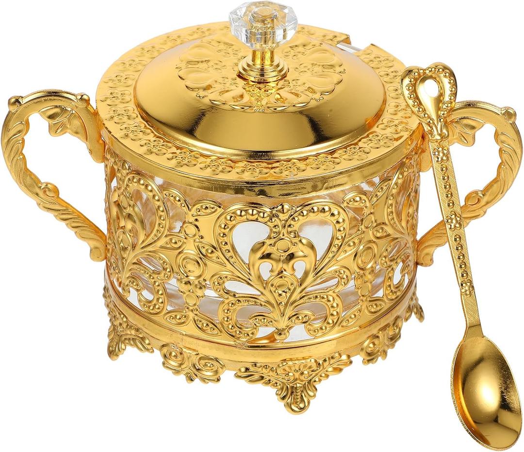 Veemoon Turkish Sugar Container with Lid and Spoon, Sugar Bowl Condiment Pots Seasoning Box Kitchen Storage for Salt, Candy, Coffee Bean