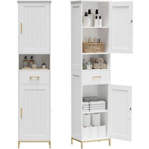 Homhedy 67" H Bathroom Storage Cabinet, Tall Storage Cabinet with Adjustable Shelves, Freestanding Cabinet with Doors and Drawer, Narrow Cabinet for Bathroom, Living Room, Kitchen, Dining Room, White, 11.8"D x 15.7"W x 67"H