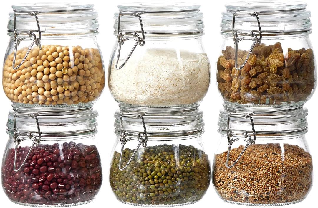6 Pack 17oz Food Storage Jars with Airtight Lids, Preserving Seal Wire Clip Fastening Glass Containers, Canisters for Kitchen Organization, Flour, Cereal, Pasta, Sugar, Beans, Pickling Jars (17 Oz*6)