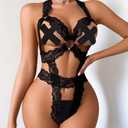 Avidlove Sexy Lingerie for Women Lace See Through Bodysuit Deep V Neck Teddy Lingerie One Piece Exotic BabyDoll (Black, XXL)