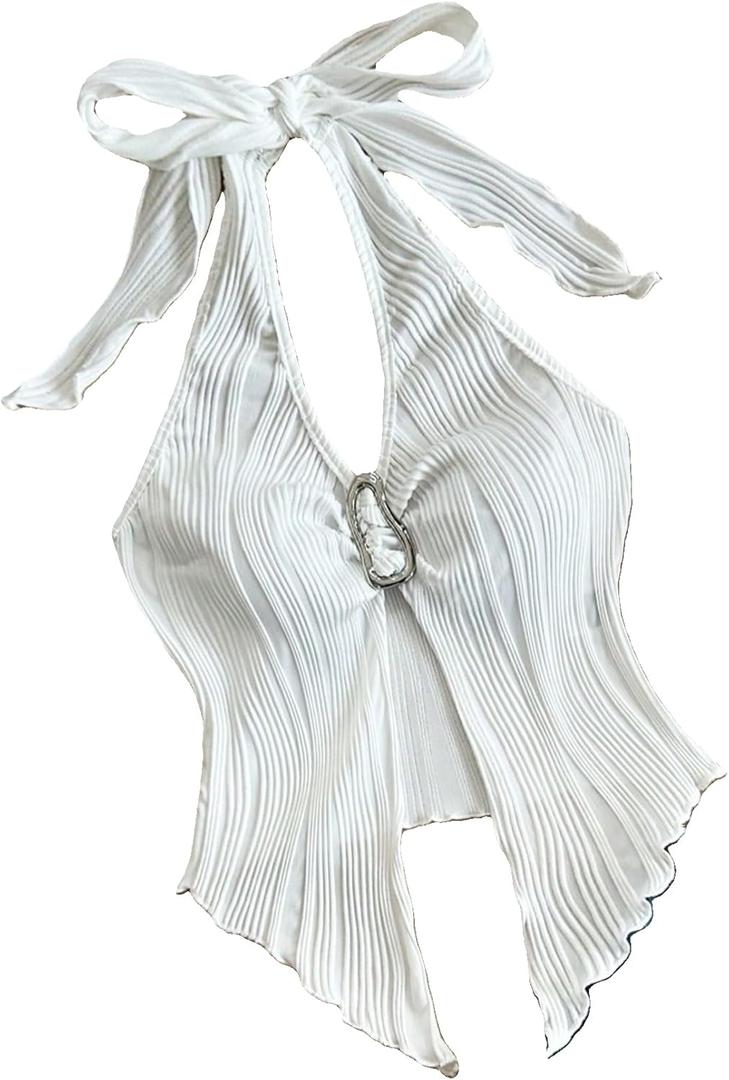 QJQ Women's Halter Tops Twist Front Slit Backless Cute Summer V Neck Tank Top Vacation Outfits (White, M)