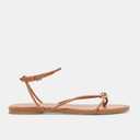 Riekhany Strappy Flat Sandals for Women Summer Round Toe Metal Bead Flip Flop Sildes with Ankle Buckle Strap Beach Flats Shoes (Brown)