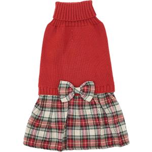 Lanyarco Burgundy Red Knitted Dog Sweater Dress, Plaid Dog Winter Clothes for Dogs Girl, Dachshund Doggy Pet Apparel, Red, Large (L)