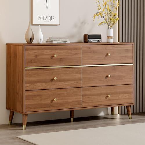 Chrangmay 6 Drawer Dresser,47" Wide Mid Century Chest of Drawers,Wooden Bedroom Drawer Dresser with 6 Storage Drawers for Bedroom,Living Room,with Anti-Tipping Device,Walnut.HT