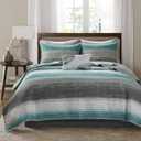 Madison Park Essentials Saben Cozy Bed in A Bag Reversible Quilt with Complete Cotton Sheet Set-Geometric Design All Season Cover, Decorative Pillow, Queen(90"x90"), Stripes Aqua 8 Piece
