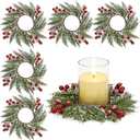 Scawim 6 Pcs Christmas Candle Rings, 3.7 Inch Center Xmas Artificial Candle Rings Wreath Cedar Berries Snowy Pine Needles, Candles Rings Holder for Table Centerpiece Winter Home Party Kitchen Window
