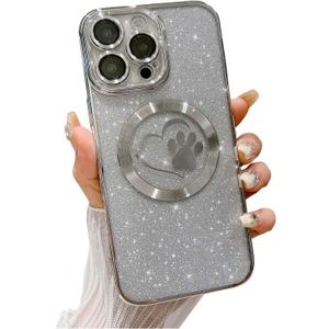 Weonmov Compatible for iPhone 16 Pro Case Glitter Clear Paw Love Heart Compatible with MagSafe, Camera Lens Protection Soft Slim Thin Magnetic Bling Phone Case - Silver