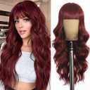 Wine Red Wigs with Bangs for Women Long Wine red Wavy Wigs 26IN Natural Synthetic Wig for Daily Party Use(Wine Red)