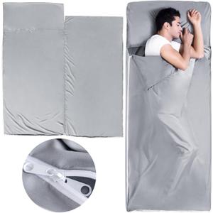 Sleeping Bag Liners with 2 Way Zipper, Adult Sleep Sack Travel Sheets for Hotel/Hostels/Business Trips, Lightweight Single Camping Sheet Sleep Bag Liner Warm & Cold Weather, Gray