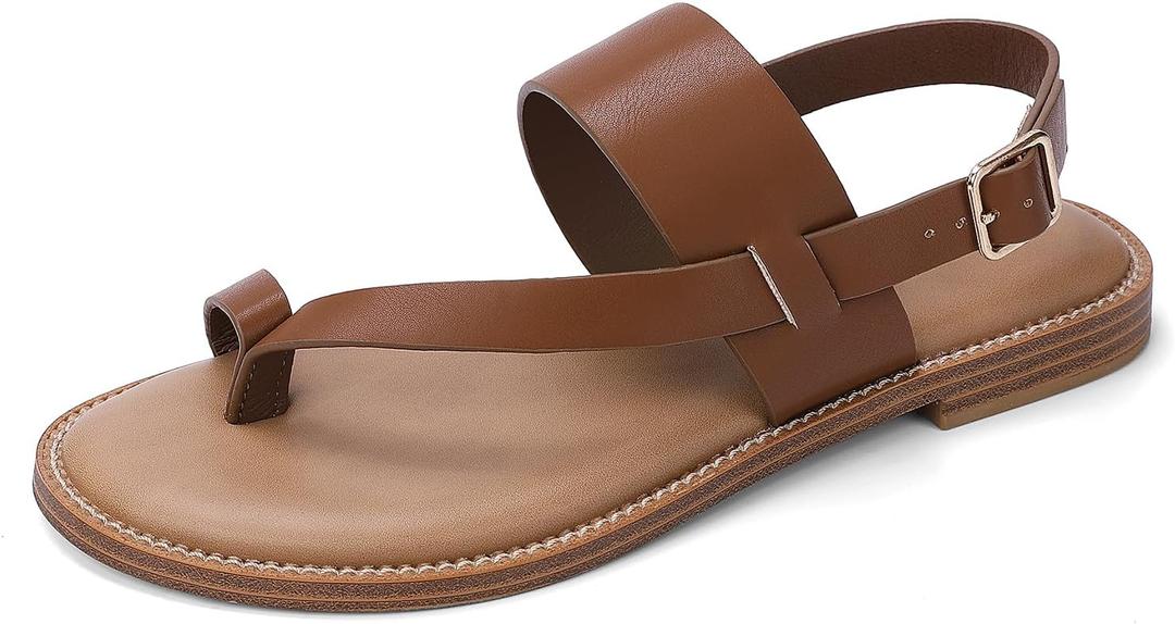 Luffymomo Women's Thong Flat Sandals Adjustable Ankle Buckle Summer Sandal Casual Open Toe Fisherman Shoes (Brown)