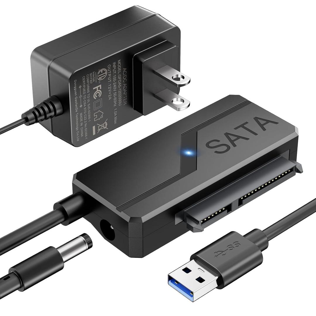SATA to USB Adapter with Power, USB 3.0 to SATA External Hard Drive Cable for 2.5" 3.5 inch SSD/HDD Up to 20TB Converter with 12V 24W DC Adapter Supply Support UASP Seagate WD Hitachi Toshiba (SATA to USB 3.0 with Power)
