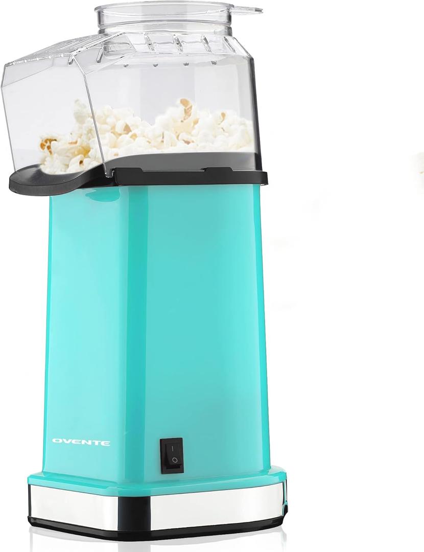 OVENTE Hot Air Popcorn Popper Maker with Measuring Cup, One-Touch Power Button and BPA-Free, 1400W Small Electric Corn Kernels Popping Machine for Kids Party and Movie Night, 16 Cups, Turquoise PM11T