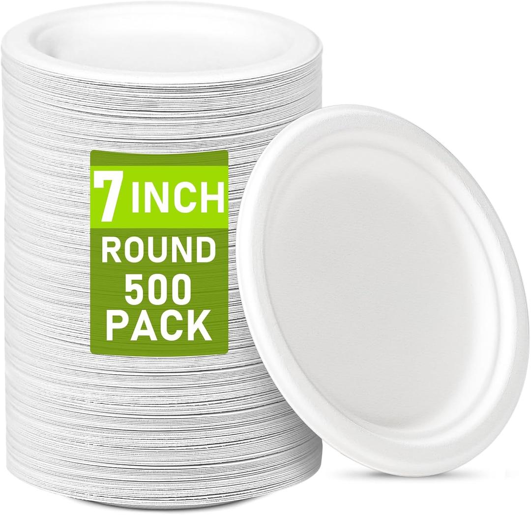 Small Paper Plates 7 Inch 500 Pack, Heavy Duty Eco Friendly Disposable Plates, Compostable Dessert Plates Bulk for Party, Appetizer, Cake, White