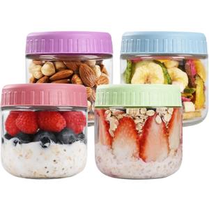 SHOWIN Overnight Oats Containers with Lids, 10oz Glass Jars with Lids 4 pcs, Candy, Wide Mouth Mason jars for Salad, Yogurt, Snacks, Meal Prep