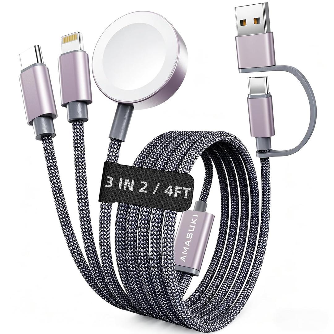 2026 Travel Essentials for Apple Watch Charger,Cruise Vacation Camping Essentials,iPhone Charger,Multi Charging Cable,3 in 2 Charging Docks for iWatch Series 11-2/Ultra,iPhone 17-12,Car (1pack-4ft, Grey)