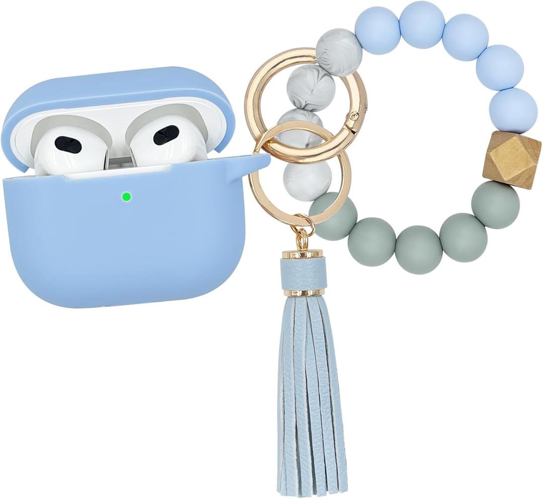 Compatible with AirPods 3 Case Cover Soft Silicone Skin Case for AirPods 3rd Generation with Bracelet Keychain for Women (Light Blue)