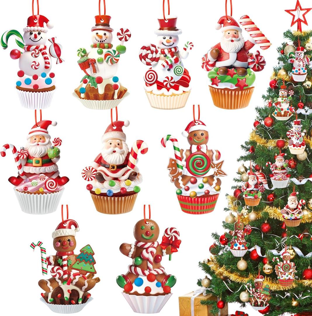 Yulejo 27 Pieces Christmas Gingerbread Ornaments Set Gingerbread Man Santa Snowman Cupcakes Candy Decorations Farmhouse Ornaments Wooden Christmas Hanging Mini Decor for Xmas Tree(Santa)
