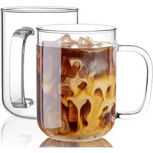 Glass Coffee Mugs, 24 oz Ice coffee cups, Large Clear Tea Cups Set of 2, Glass Mugs with Handles, Glass Cups for Latte, Cappuccino, and Tea
