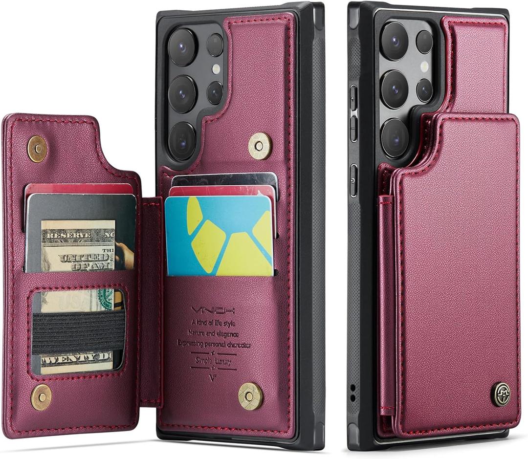 Vinich for Samsung Galaxy S24 Ultra Wallet Case with Card Holder, RFID Blocking Credit Slots Kickstand Shockproof Phone Cover Fit for Galaxy S24 Ultra 6.8" Wine Red