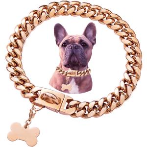 Stainless Steel Buckle Dog Collar, Cool Charm Pet Bulldog Jewelry Necklace, Waterproof Rose Gold Black Silver Anti-chew Curb Cuban Dog Collar 24 Inch (Rose Gold Cuban)