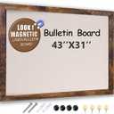 Large Magnetic Bulletin Board 43x31 Inch,Rustic Wood Framed Cork Board with LinenWall Mounted Notice Board with Pushpins for Home Office School (43inchx31inch, Brown)
