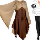 Jadive 5 Pcs Women Elf Renaissance Medieval Dress Traditional Irish Fairy Viking Costume Elf Ear for Halloween Cosplay (X-Large, Brown, Khaki)