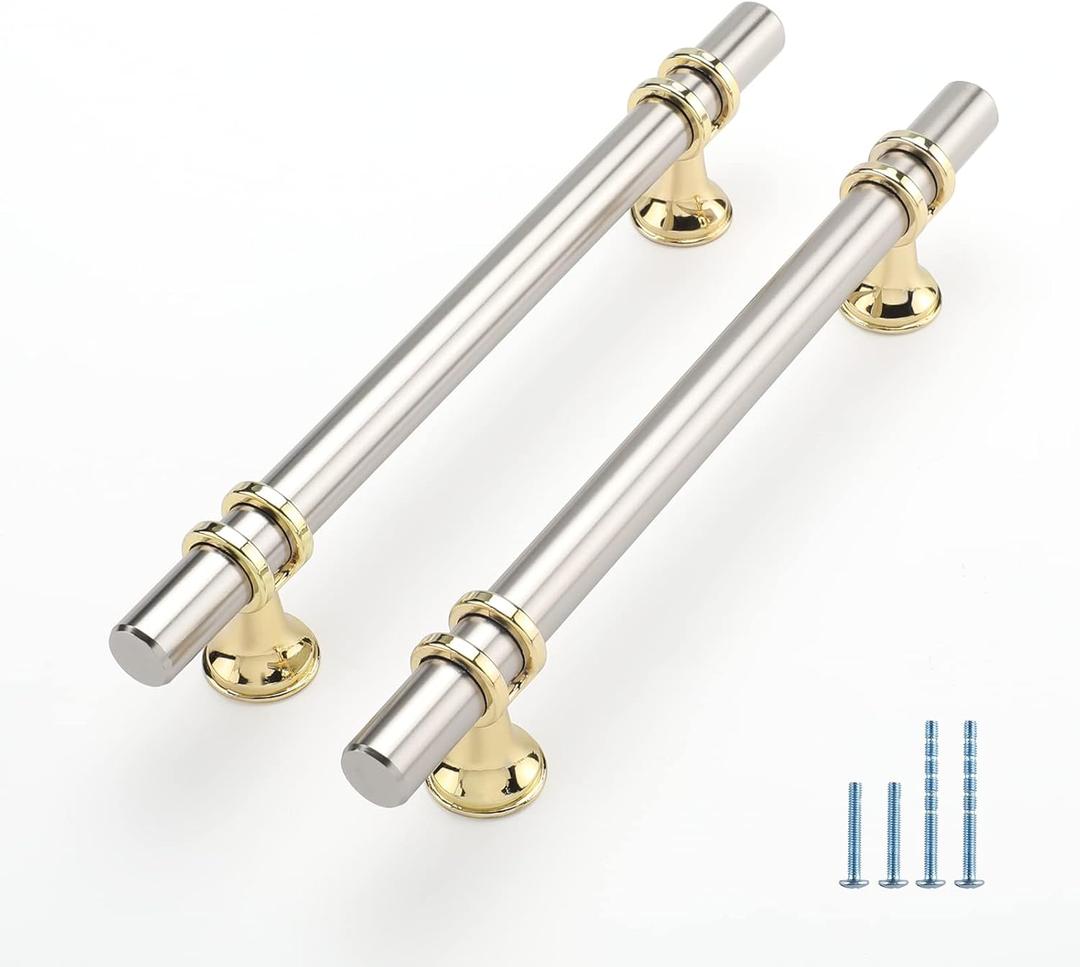 Haliwu 10 Pack Brushed Nickel Cabinet Pulls, Cabinet Handles Brushed Nickel, Barrel Handles Gold Kitchen Hardware Pulls, 5 inch Hole to Hole Center