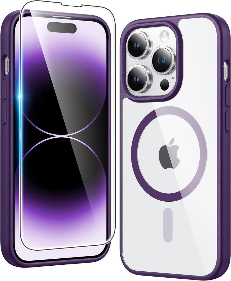 FNTCASE for iPhone 14 Pro-Max Case: Clear Magnetic Phone Cases with Screen Protector Compatible with Magsafe Slim Anti Yellowing Rugged Shockproof Protective Transparent Cell Phone Cover (B-Purple)